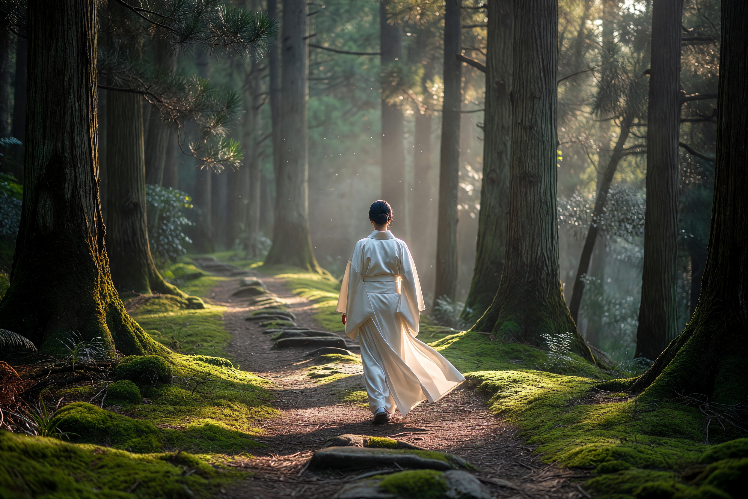 日の出の杉道を歩く着物姿